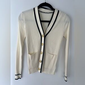 Cream Cardigan with Black Trim and Gold Buttons